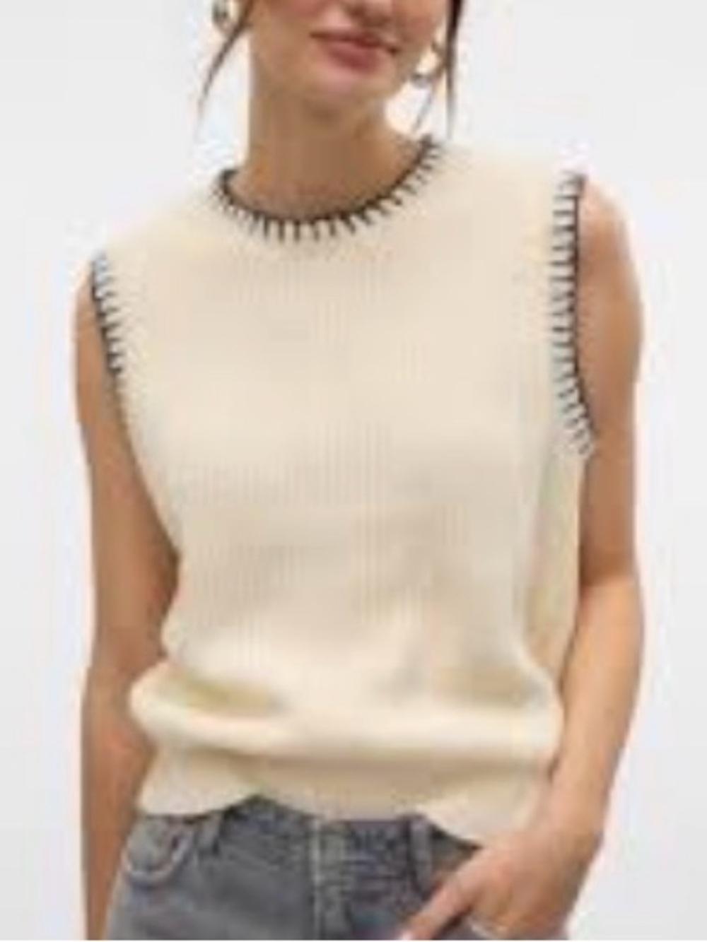 Vero Moda Cream Ribbed Sleeveless Sweater Tank with Black Stitch Trim